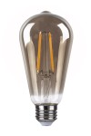 Żarówka LED ST64 E27 o mocy 10W i temperaturze barwowej 2200K, w kształcie tradycyjnej bańki. Posiada przezroczystą, smoky obudowę oraz widoczne dwie żarniki w formie prostokątnych filamentów. Ujęcie frontalne, produkt stoi na gwincie E27.