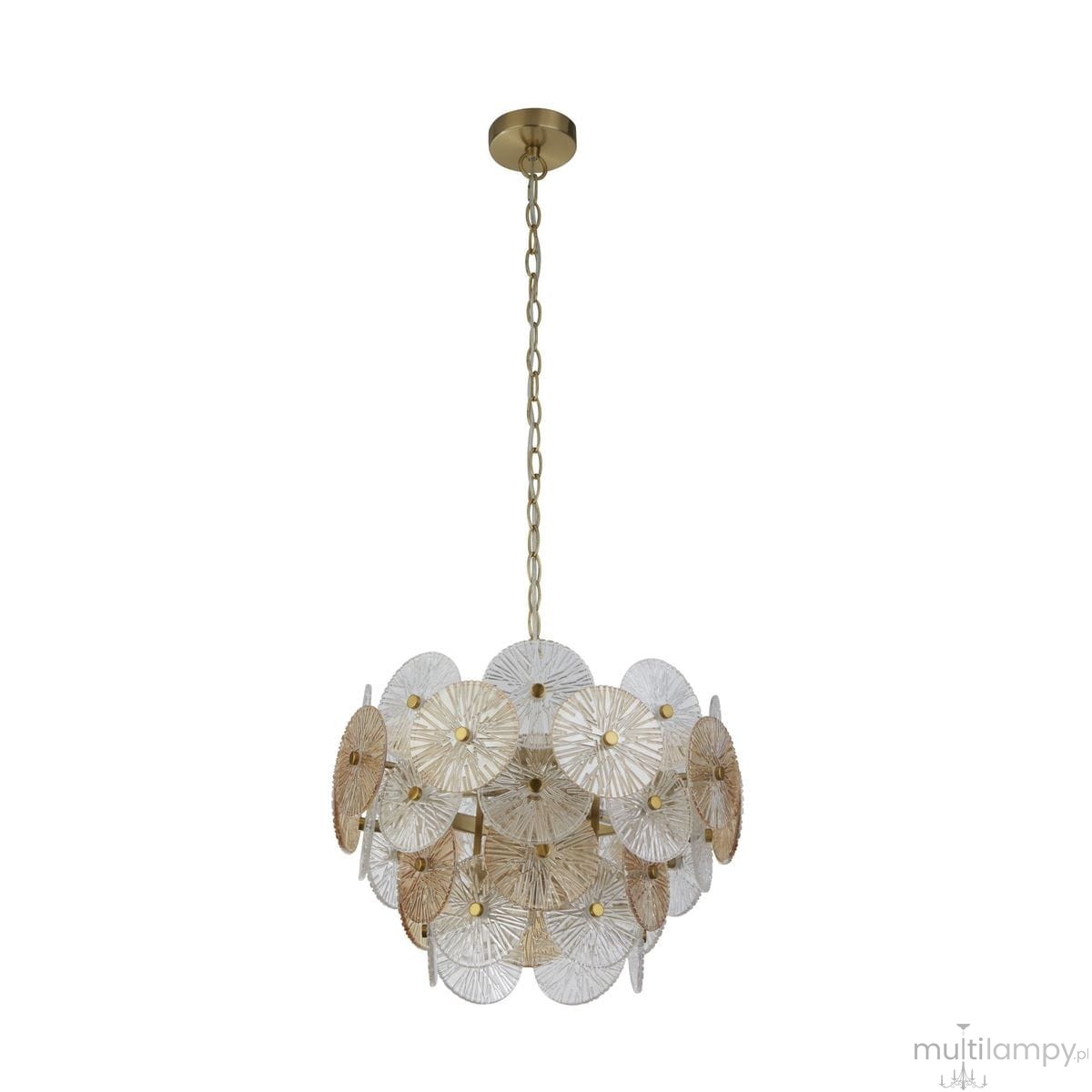 Lampa wisząca Wagon Wheel z pięcioma gniazdami G9, w brązowej i bursztynowej kolorystyce, wykonana z przeźroczystego materiału. Okrągłe, teksturowane elementy w formie kółek zawieszone na złotej łańcuchu, zmontowane w kształt kulisty.