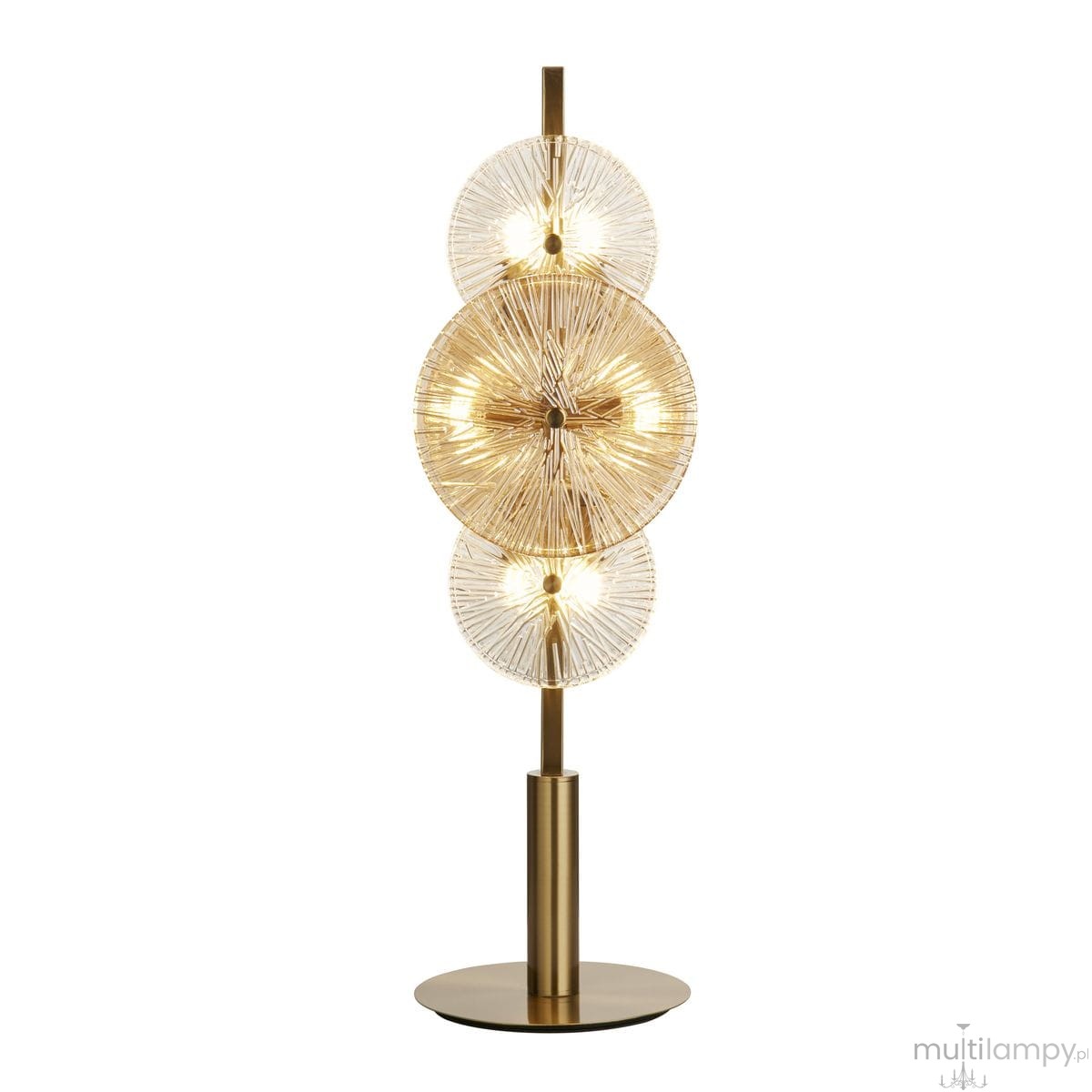 Lampa stołowa Wagon Wheel w brązowej i bursztynowej kolorystyce z sześcioma żarówkami G9. Okrągłe klosze z przeźroczystego szkła z teksturowanym wzorem, na metalowej podstawie w kolorze złotym, ustawiona w pionie.