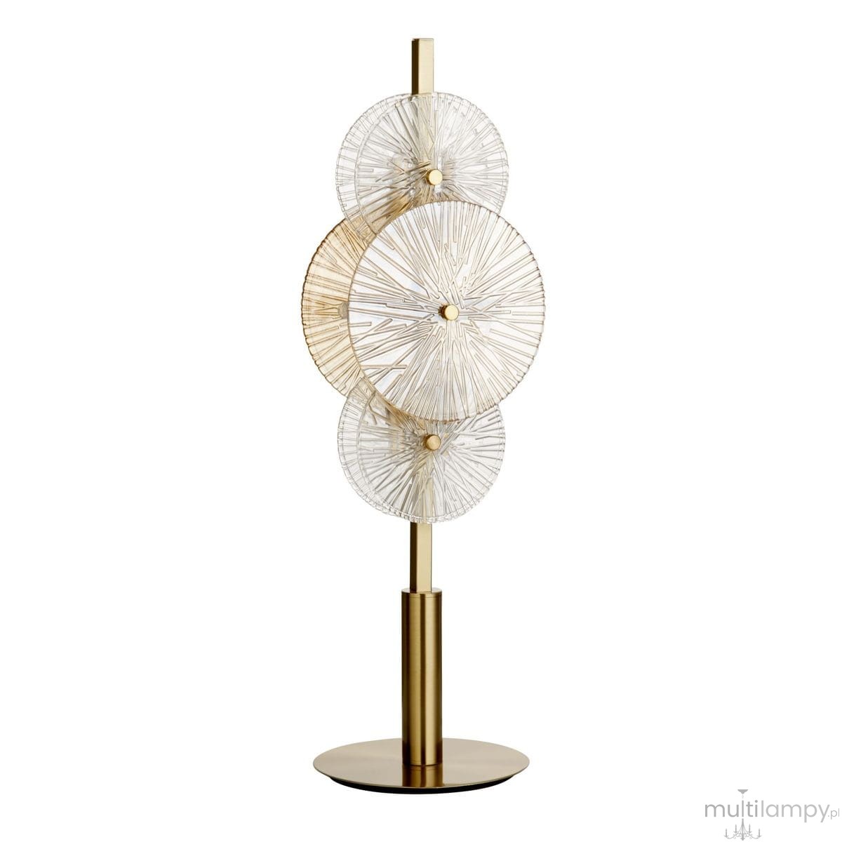 Lampa stołowa Wagon Wheel w kolorze brązowym i bursztynowym, z przezroczystymi kloszami w kształcie kół. Ustawiona pionowo na okrągłej podstawie, z trzema kloszami o teksturowanej powierzchni, podświetlającymi wnętrze.