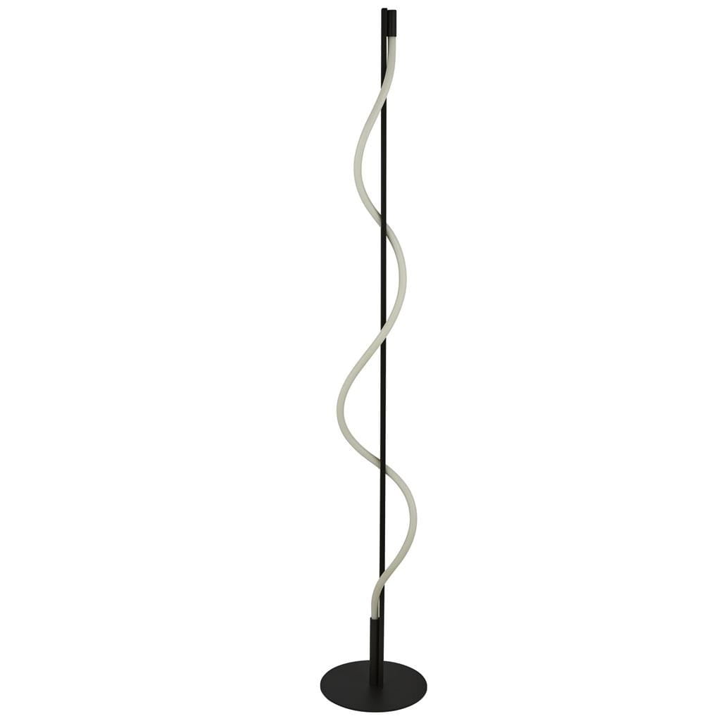Czarna lampa podłogowa Serpent z jedną diodą LED 20W, o eleganckim, spiralnym kształcie. Lampa ma metalowy stelaż i okrągłą podstawę, z widoczną, elastyczną oprawą LED w neutralnym kolorze. Ujęcie frontalne, na jednolitym tle.