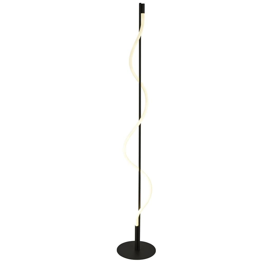 Czarna lampa podłogowa Serpent LED o wysokości około 160 cm, z metalowym stelażem i okrągłą podstawą. Wyposażona w elastyczny, spirali LED w ciepłym odcieniu białego światła, stojąca w pozycji pionowej na białym tle.