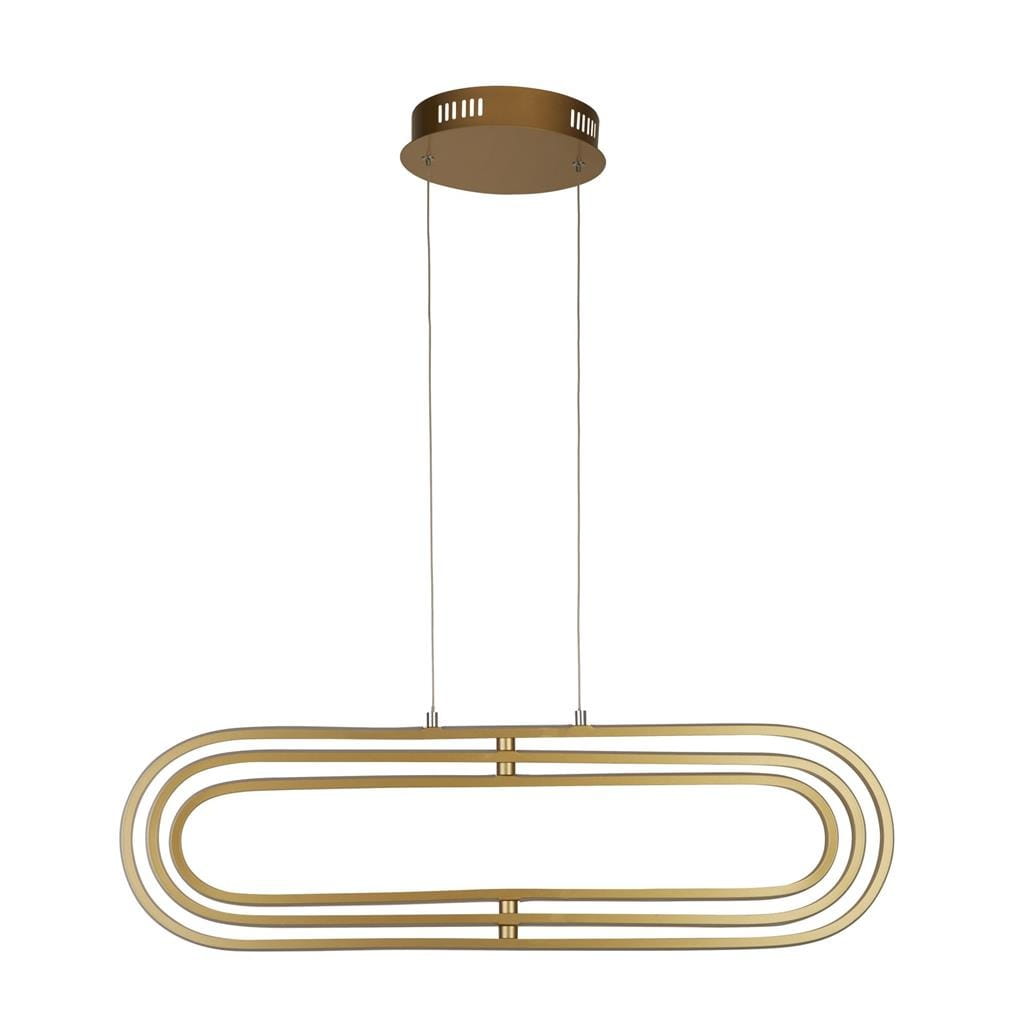 Lampa wisząca Clip w kolorze złotym, z trzema źródłami LED o mocy 53W. Posiada nowoczesny, owalny kształt z dwoma równoległymi paskami. Zawieszona na cienkich linkach, montowana do sufitu. Proste, eleganckie wykończenie w minimalistycznym stylu.