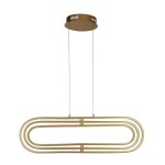 Lampa wisząca Clip w kolorze złotym, z trzema źródłami LED o mocy 53W. Posiada nowoczesny, owalny kształt z dwoma równoległymi paskami. Zawieszona na cienkich linkach, montowana do sufitu. Proste, eleganckie wykończenie w minimalistycznym stylu.