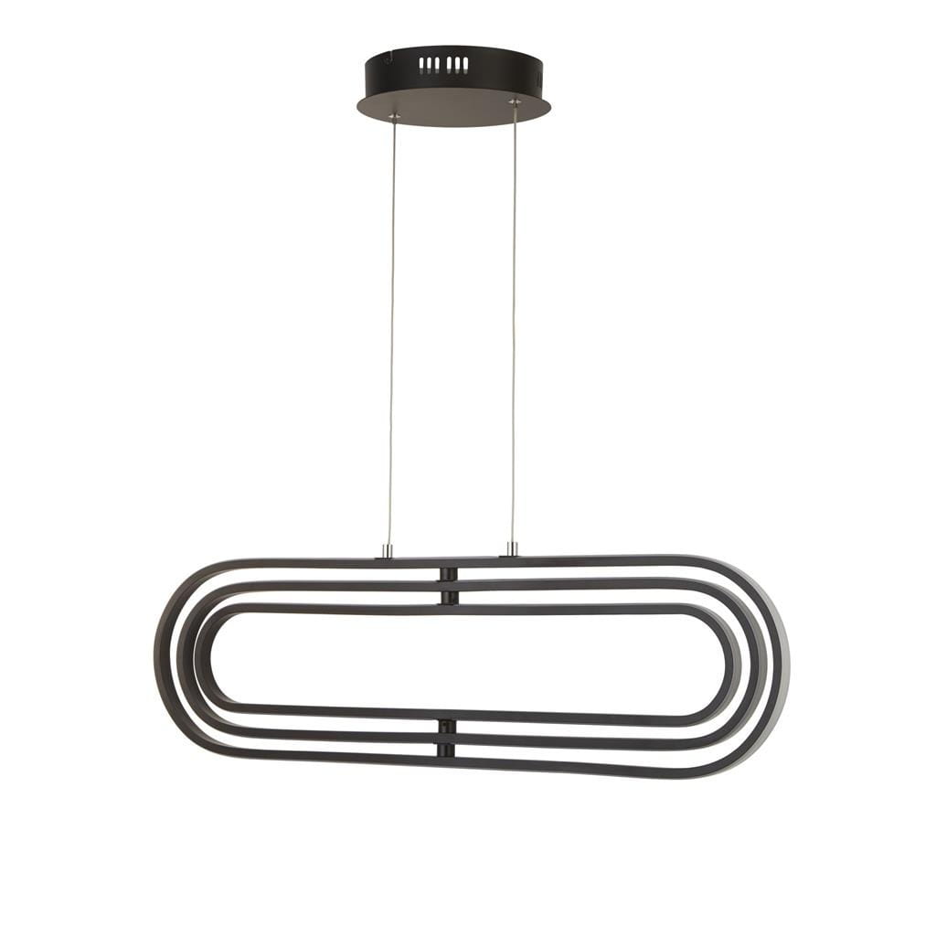 Czarna lampa wisząca Clip z trzema źródłami światła LED, o nowoczesnym, prostokątnym kształcie z widocznymi, cienkimi metalowymi ramkami. Montowana na suficie, z regulowanym zawieszeniem. Wnętrze minimalistyczne, idealne do nowoczesnych aranżacji.