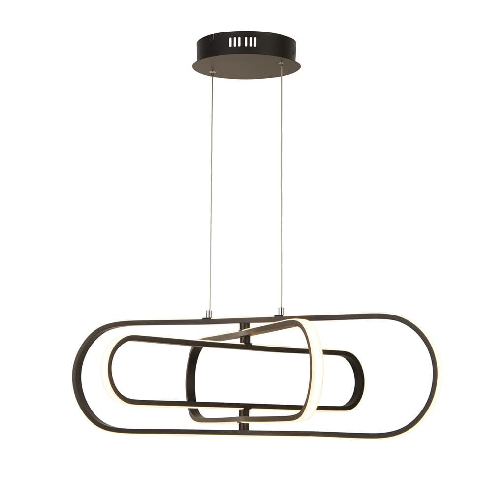 Lampa wisząca Clip w kolorze czarnym, z trzema źródłami LED, o nowoczesnym kształcie składającym się z dwóch nakładających się elips. Wisi na cienkich przewodach z okrągłym mocowaniem sufitowym. Idealna do nowoczesnych wnętrz.