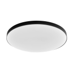Plafon LED Slimi D33 o średnicy 33 cm, czarny, z białym, okrągłym kloszem. Posiada IP40, moc 18W, temperaturę barwową 4000K. Montowany sufitowo, prezentowany z boku, ukazując gładką powierzchnię oraz minimalistyczny design.