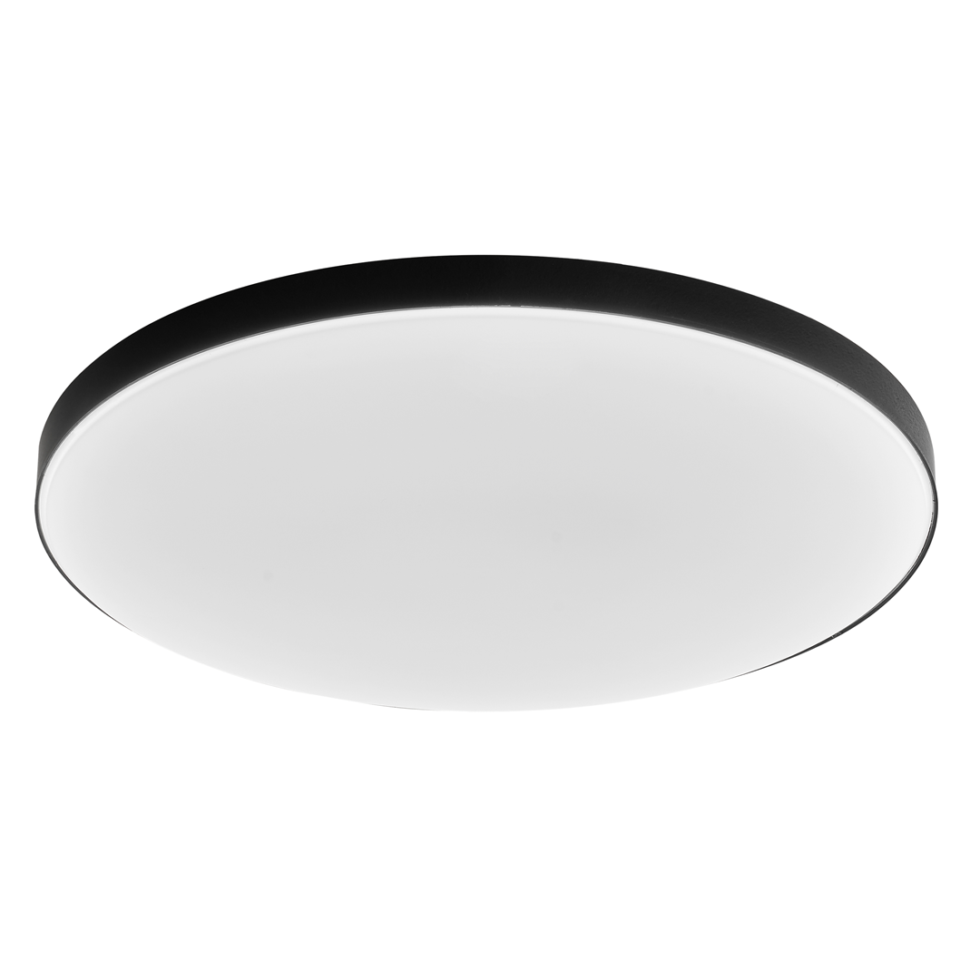 Slimi plafon LED D37 IP40/24W/4000K w kolorze czarnym, okrągły, płaski, z białym kloszem. Ujęcie z dołu, pokazujące gładką powierzchnię. Idealny do nowoczesnych wnętrz, zapewnia neutralne światło.