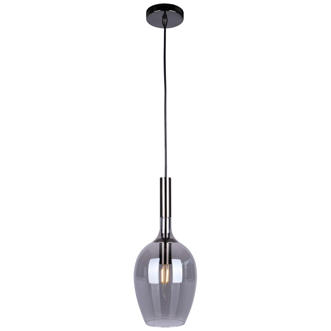 Lampa wisząca Lugano 1xE14 w kolorze chromu z przezroczystym, szklanym kloszem w kształcie butelki. Zawieszona na cienkim, czarnym przewodzie, z metalowym uchwytem. Idealna do nowoczesnych wnętrz.