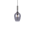 Lampa wisząca Lugano 1xE14 w chromowanej oprawie z szarego szkła, o kształcie przypominającym kielich. Zawieszona na cienkim kablu, z widoczną żarówką w środku, idealna do nowoczesnych wnętrz.