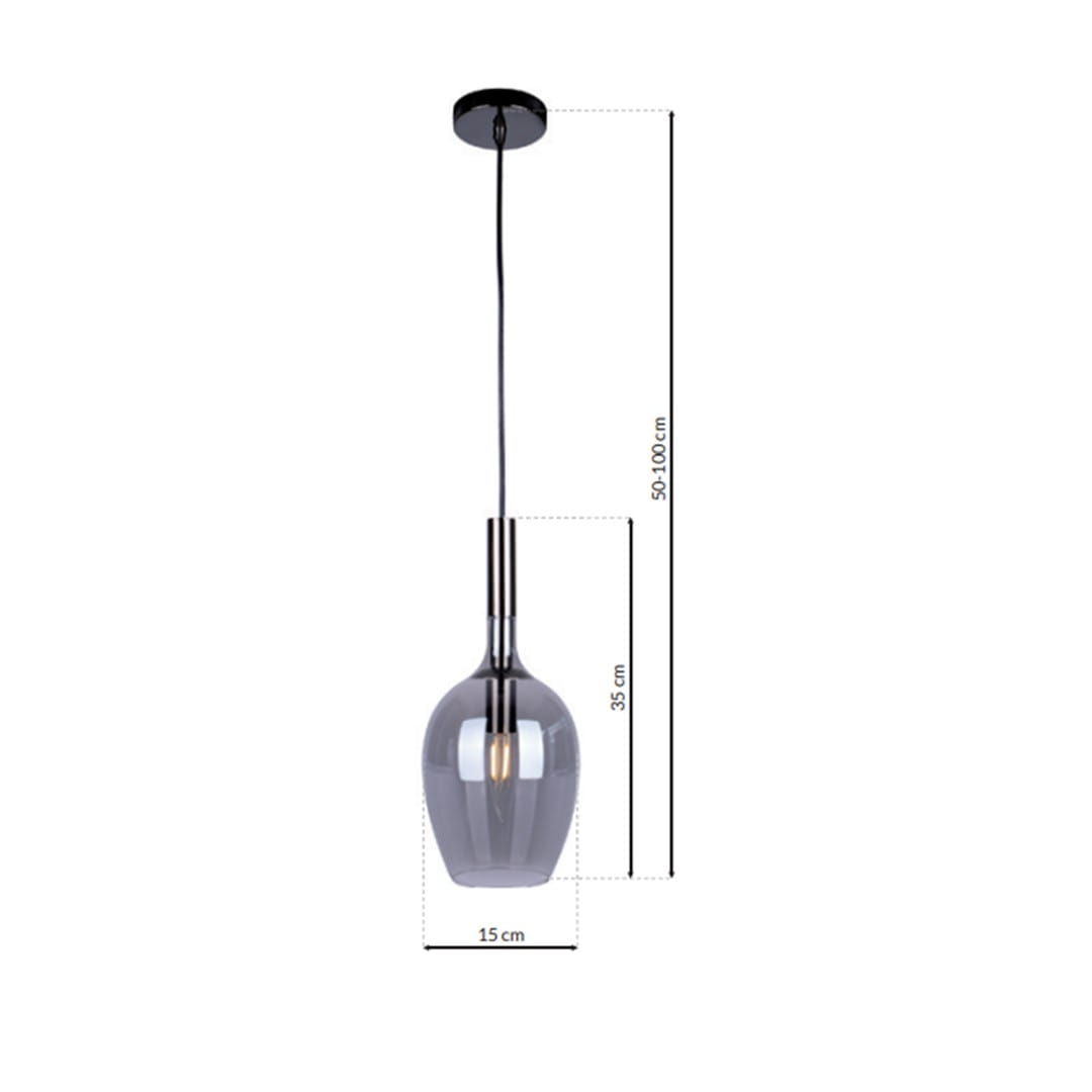 Lampa wisząca Lugano 1xE14 w kolorze chromu, o zaokrąglonym, szklanym kloszu w ciemnoszarym odcieniu. Wymiary: wysokość 50-100 cm, średnica 15 cm, długość klosza 35 cm. Zawieszona na cienkim przewodzie, idealna do nowoczesnych wnętrz.