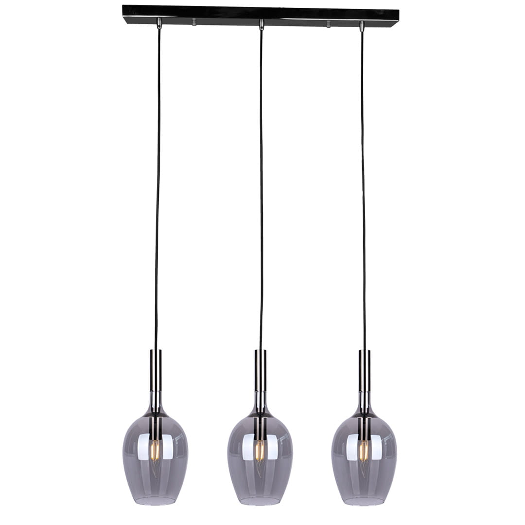 Lampa wisząca Lugano 3xE14 w chromowanej oprawie z trzema szklanymi kloszami w odcieniu szarości. Produkt zawieszony na czarnych linkach, z prostokątnym stelażem u góry. Idealna do nowoczesnych wnętrz.