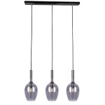 Lampa wisząca Lugano 3xE14 w chromowanej oprawie z trzema szklanymi kloszami w odcieniu szarości. Produkt zawieszony na czarnych linkach, z prostokątnym stelażem u góry. Idealna do nowoczesnych wnętrz.