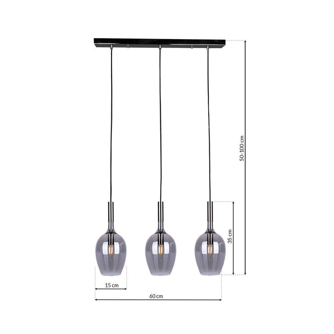 Lampa wisząca Lugano z trzema kloszami E14 w kolorze chromu. Klosze mają szary, przezroczysty design i są zawieszone na czarnych przewodach. Wymiary: szerokość 60 cm, wysokość 35 cm, regulacja od 50 do 100 cm.