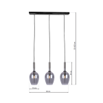Lampa wisząca Lugano z trzema kloszami E14 w kolorze chromu. Klosze mają szary, przezroczysty design i są zawieszone na czarnych przewodach. Wymiary: szerokość 60 cm, wysokość 35 cm, regulacja od 50 do 100 cm.