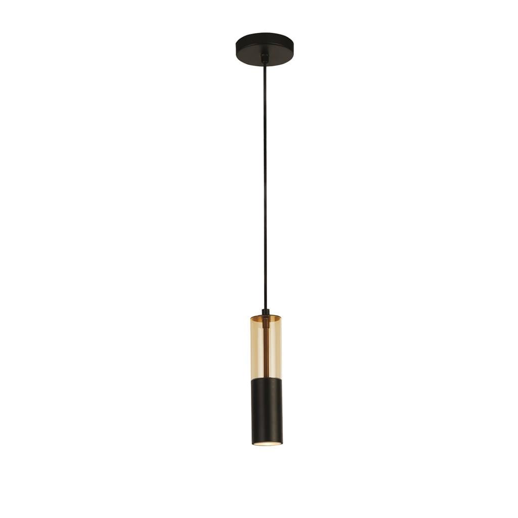 Czarna lampa wisząca Merrygold z bursztynowym kloszem, z pojedynczym źródłem światła GU10. Produkt zawieszony na cienkim, czarnym przewodzie, z okrągłym mocowaniem sufitowym. Idealna do nowoczesnych wnętrz.
