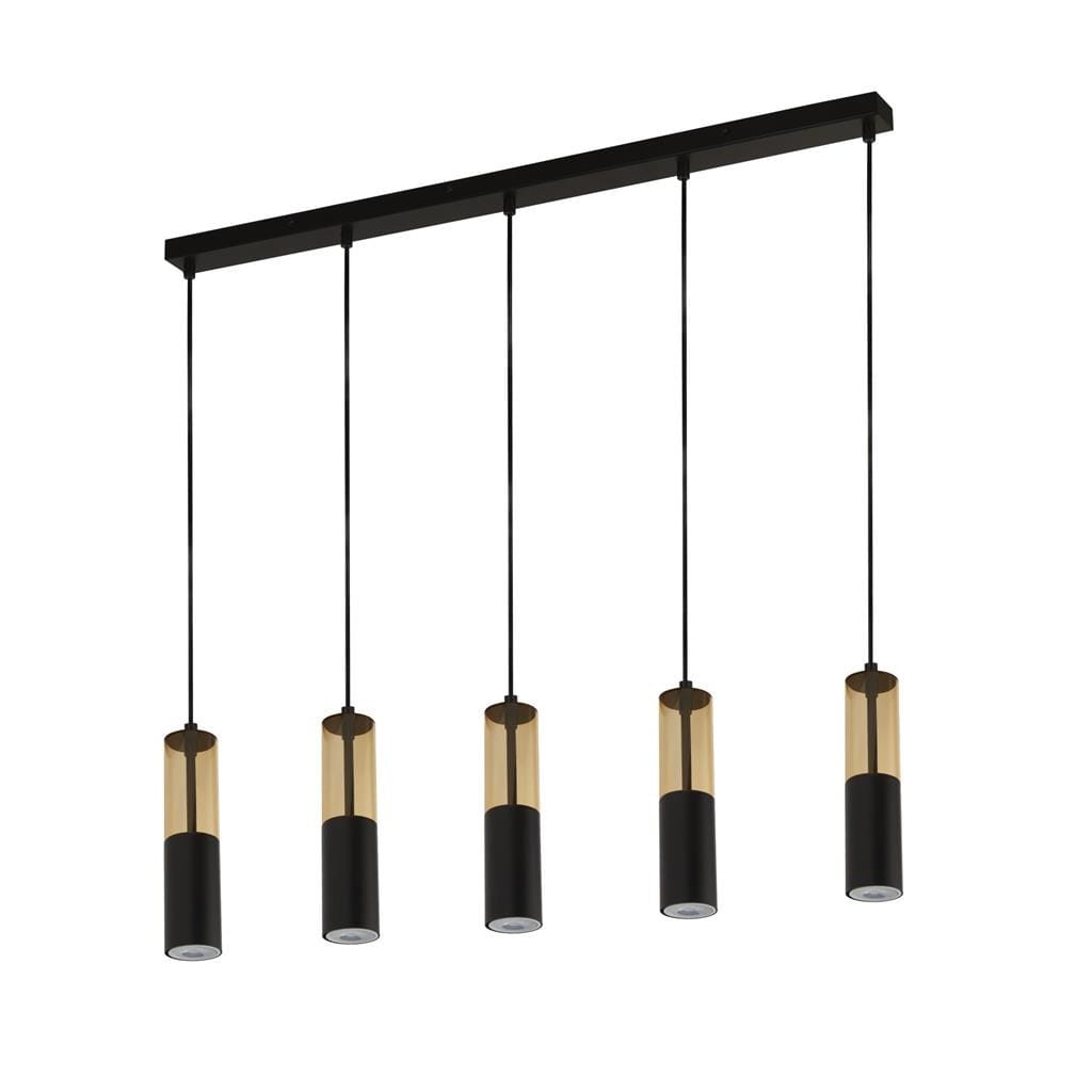 Lampa wisząca Merrygold z pięcioma kloszami GU10, w kolorze czarnym z bursztynowymi detalami. Klosze mają cylindryczny kształt, zawieszone na cienkich kablach, przymocowane do prostokątnej podstawy. Idealna do nowoczesnych wnętrz.