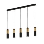 Lampa wisząca Merrygold z pięcioma kloszami GU10, w kolorze czarnym z bursztynowymi detalami. Klosze mają cylindryczny kształt, zawieszone na cienkich kablach, przymocowane do prostokątnej podstawy. Idealna do nowoczesnych wnętrz.