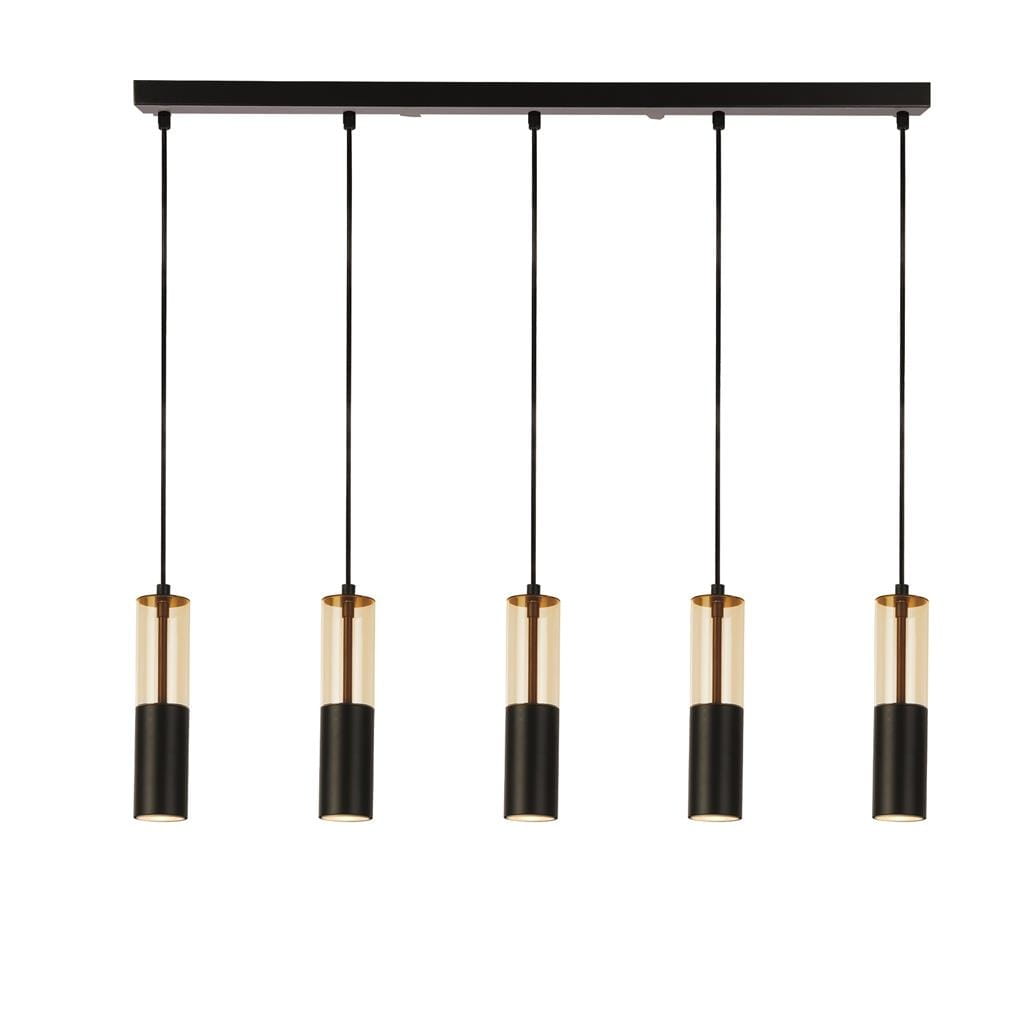 Lampa wisząca Merrygold z pięcioma oprawami GU10. Czarne metalowe podstawy z bursztynowymi kloszami w kształcie cylindrów. Produkt zawieszony na czarnych linkach, montowany do sufitu, idealny do nowoczesnych wnętrz.