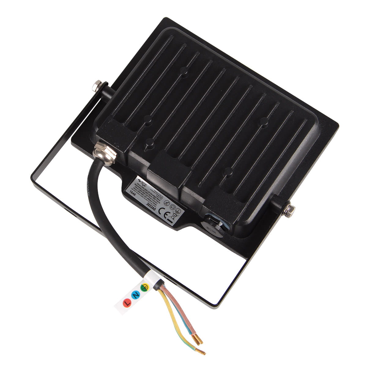 Naświetlacz LED Ultron 30W z mocą 2400lm, o stopniu ochrony IP65. Przednia część w czarnym kolorze z żeberkowaniem dla lepszego odprowadzania ciepła, z zamocowanym uchwytem i przewodami elektrycznymi. Widok z góry, z boku.
