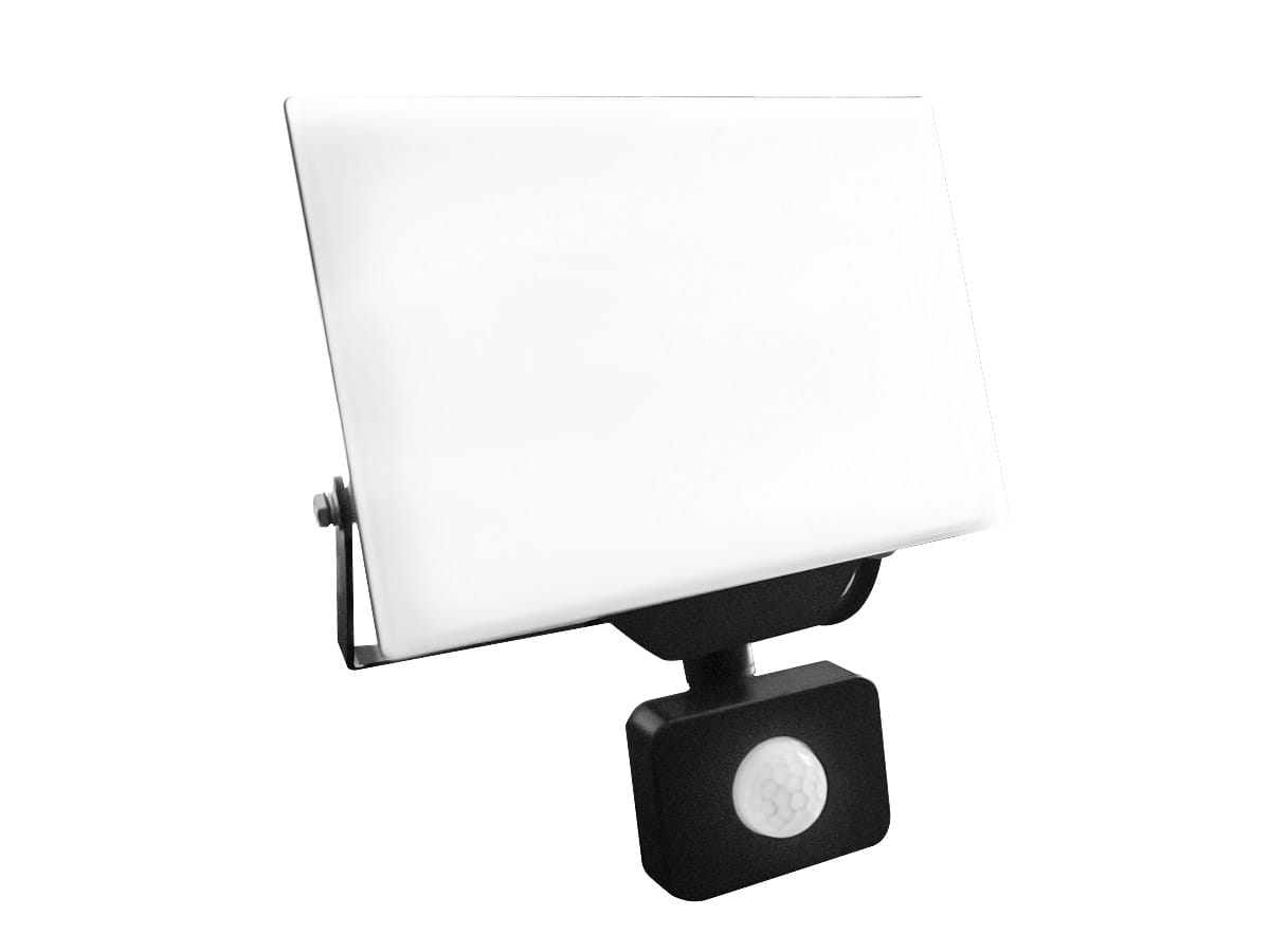 Naświetlacz LED Ultron 50W z czujnikiem ruchu, o białej neutralnej obudowie. Panel świetlny w prostokątnym kształcie, zamontowany na ruchomej podstawie. Czujnik ruchu umieszczony u dołu, zapewniający automatyczne włączanie. Klasa ochrony IP65.