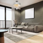 Lampa sufitowa Carisma 9xE14 w chromowanej oprawie z dekoracyjnymi kryształkami, zawieszona w centralnej części pokoju. Ujęcie z dołu, ukazujące elegancki design i efektowne oświetlenie w nowoczesnym wnętrzu.