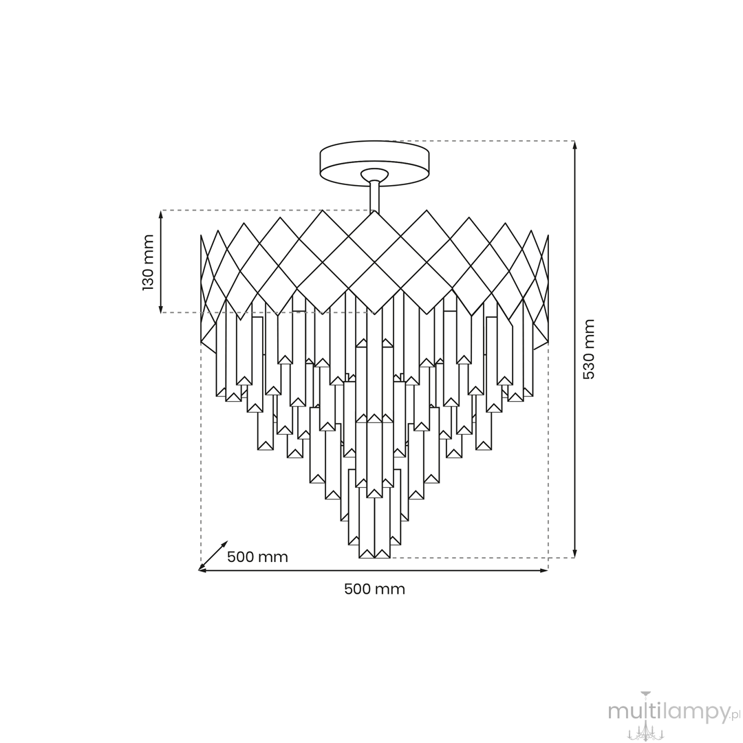 Lampa sufitowa Carisma 9xE14 w kolorze chromu, o geometrycznym kształcie, zawieszona na okrągłej podstawie. Wymiary: 500 mm średnicy, 530 mm wysokości. Posiada ozdobne, diamentowe elementy, które tworzą efektowną iluminację.
