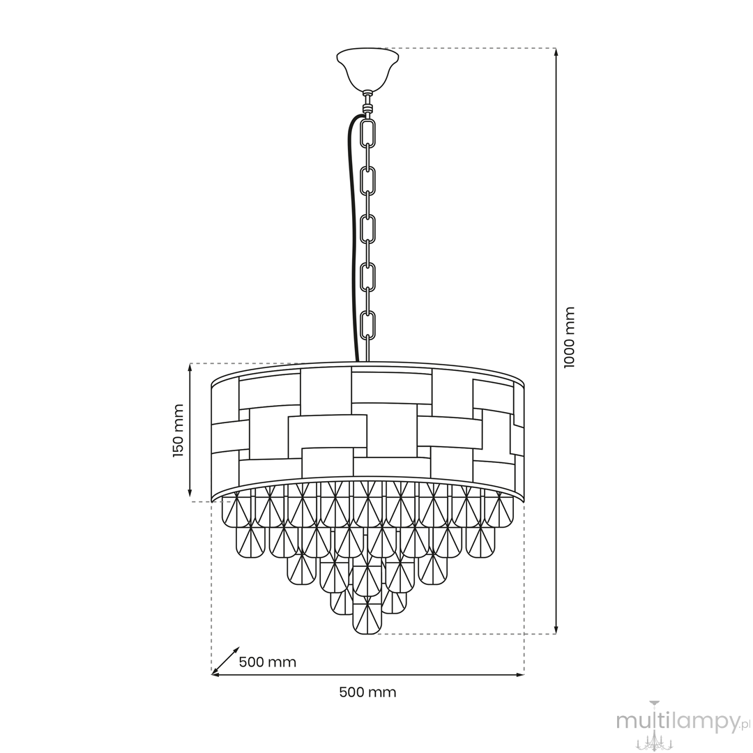 Lampa wisząca Luxuria 9xE14 w kolorze złotym, o średnicy 500 mm i wysokości 1000 mm. Okrągły klosz z geometrycznym wzorem, zwisający na łańcuchu, z dekoracyjnymi elementami na dole. Zawieszenie na stropie.