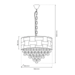 Lampa wisząca Luxuria 9xE14 w kolorze złotym, o średnicy 500 mm i wysokości 1000 mm. Okrągły klosz z geometrycznym wzorem, zwisający na łańcuchu, z dekoracyjnymi elementami na dole. Zawieszenie na stropie.