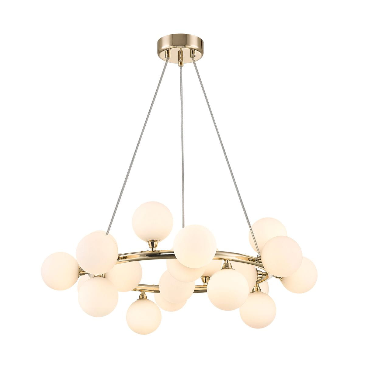 Lampa wisząca Bobo w kolorze złotym z 20 kulistymi kloszami z mlecznego szkła. Ujęcie z góry, produkt zawieszony na trzech cienkich linkach. Elegancka konstrukcja w minimalistycznym stylu, idealna do nowoczesnych wnętrz.