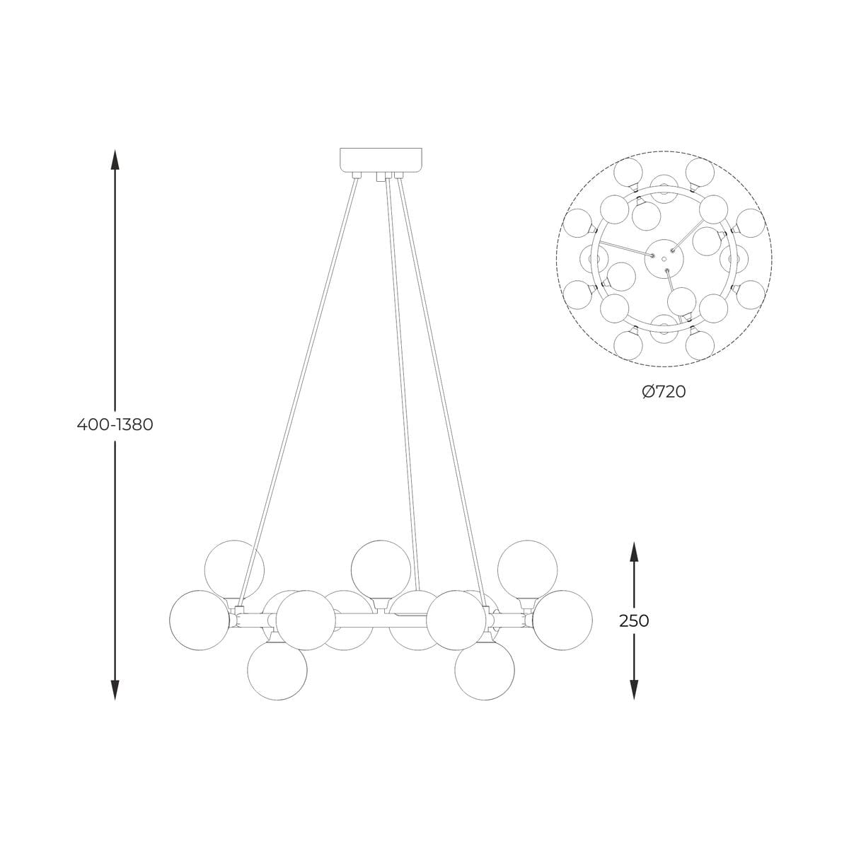 Lampa wisząca Bobo w kolorze złotym, z 20 miejscami na żarówki G9. Okrągła konstrukcja o średnicy 720 mm, regulowana wysokość 400-1380 mm, z okrągłymi kloszami. Zawieszona na trzech linkach.