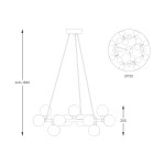 Lampa wisząca Bobo w kolorze złotym, z 20 miejscami na żarówki G9. Okrągła konstrukcja o średnicy 720 mm, regulowana wysokość 400-1380 mm, z okrągłymi kloszami. Zawieszona na trzech linkach.