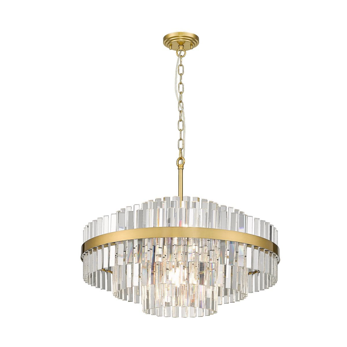 Lampa wisząca Constantinople z 12 gniazdami G9, w złotym kolorze. Okrągła konstrukcja z kryształowymi elementami, tworzącymi efektowną teksturę. Wisi na łańcuszku, z metalowym mocowaniem. Przeznaczona do nowoczesnych wnętrz.