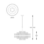 Lampa wisząca Constantinople 12xG9 w kolorze złotym. Okrągła podstawa o średnicy 609 mm, zawieszona na łańcuchu regulującym wysokość od 610 do 1760 mm. Wysokość klosza wynosi 330 mm, z dekoracyjnymi elementami detalicznymi.