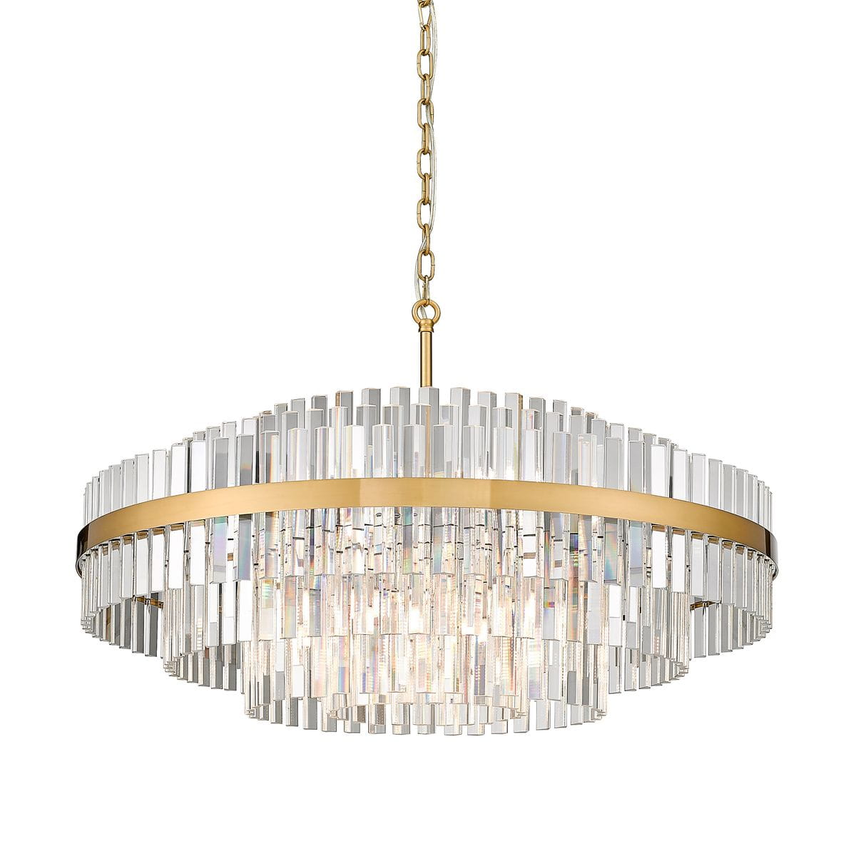 Lampa wisząca Constantinople z 16 gniazdami G9, w złotej oprawie. Okrągły kształt z przezroczystymi, prostokątnymi elementami szklanymi, zawieszona na łańcuchu. Elegancki dodatek do wnętrza, idealna do nowoczesnych aranżacji.