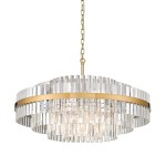 Lampa wisząca Constantinople z 16 gniazdami G9, w złotej oprawie. Okrągły kształt z przezroczystymi, prostokątnymi elementami szklanymi, zawieszona na łańcuchu. Elegancki dodatek do wnętrza, idealna do nowoczesnych aranżacji.