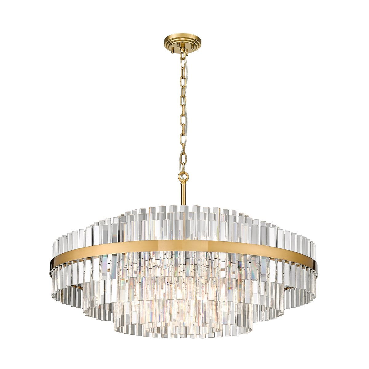 Lampa wisząca Constantinople z 16 miejscami na żarówki G9, w złotej oprawie. Okrągły kształt, ozdobiona przezroczystymi, prostokątnymi kryształami, zawieszona na łańcuchu. Idealna do eleganckich wnętrz.