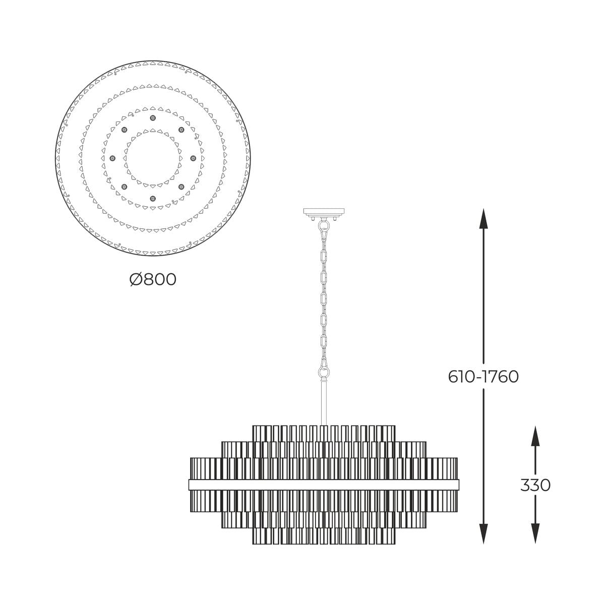 Lampa wisząca Constantinople w złotym kolorze, średnica 800 mm, wysokość regulowana od 610 do 1760 mm. Zawiera miejsce na 16 żarówek G9, z dekoracyjnym, poziomym panelem oraz łańcuchem do zawieszenia.