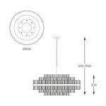 Lampa wisząca Constantinople w złotym kolorze, średnica 800 mm, wysokość regulowana od 610 do 1760 mm. Zawiera miejsce na 16 żarówek G9, z dekoracyjnym, poziomym panelem oraz łańcuchem do zawieszenia.