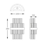 Kinkiet Constantinople w kolorze złotym, o wymiarach 290 mm wysokości i 200 mm szerokości. Posiada geometryczny kształt z dekoracyjnymi elementami na froncie. Montowany na ścianie, z miejscem na dwie żarówki G9.