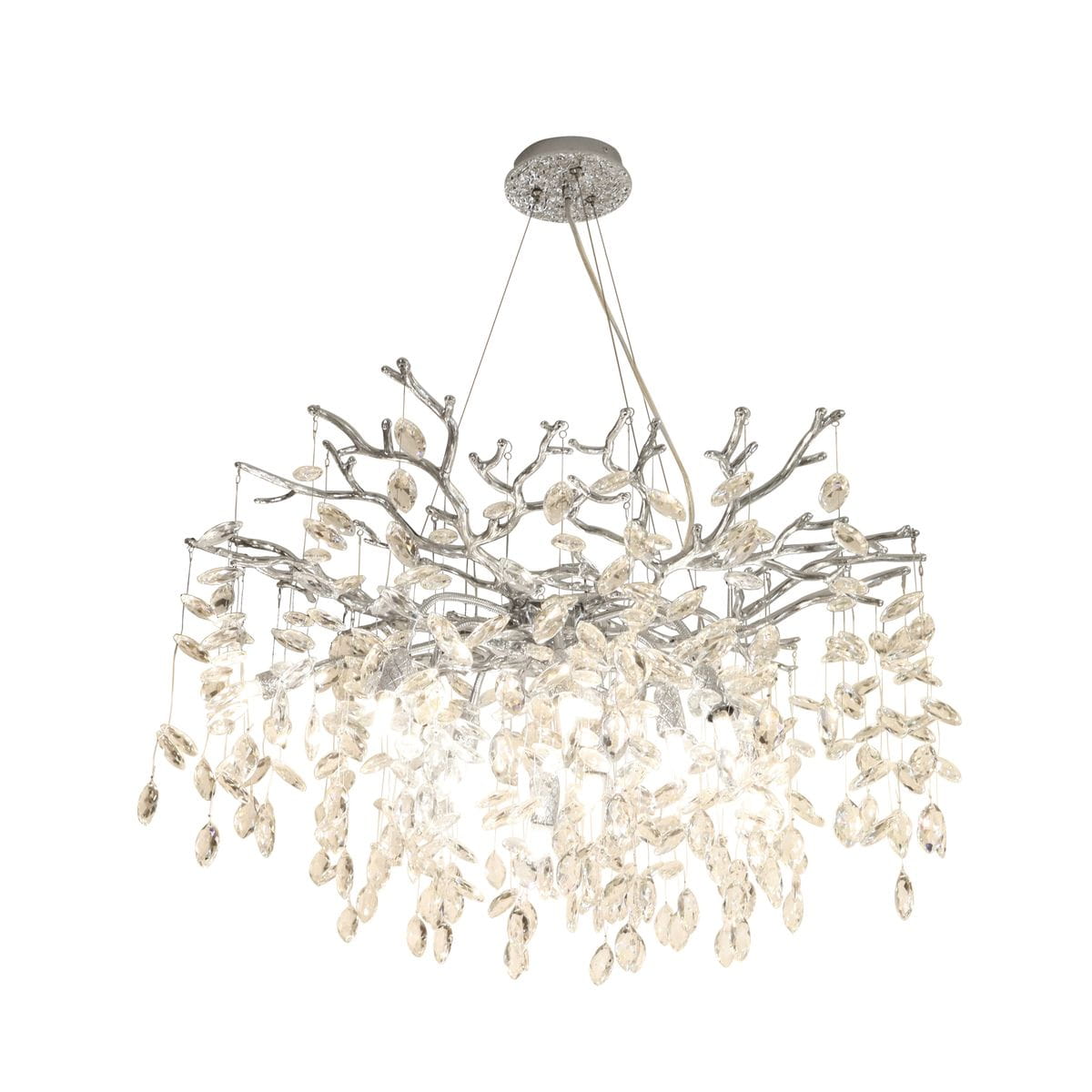 Lampa wisząca Cindy z chromowanym stelażem, przypominająca gałęzie z kryształowymi elementami w kształcie liści. Ujęcie z dołu, z widocznymi 10 gniazdami G9. Elementy dekoracyjne zwisają z ramy, tworząc efektowne oświetlenie.