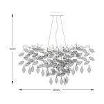 Lampa wisząca Cindy w kolorze chromu z dziesięcioma miejscami na żarówki G9. Posiada ażurową konstrukcję z liśćmi, o średnicy 800 mm i wysokości 1500 mm, zawieszona na dwóch przewodach. Prosta forma z naturalnymi detalami.