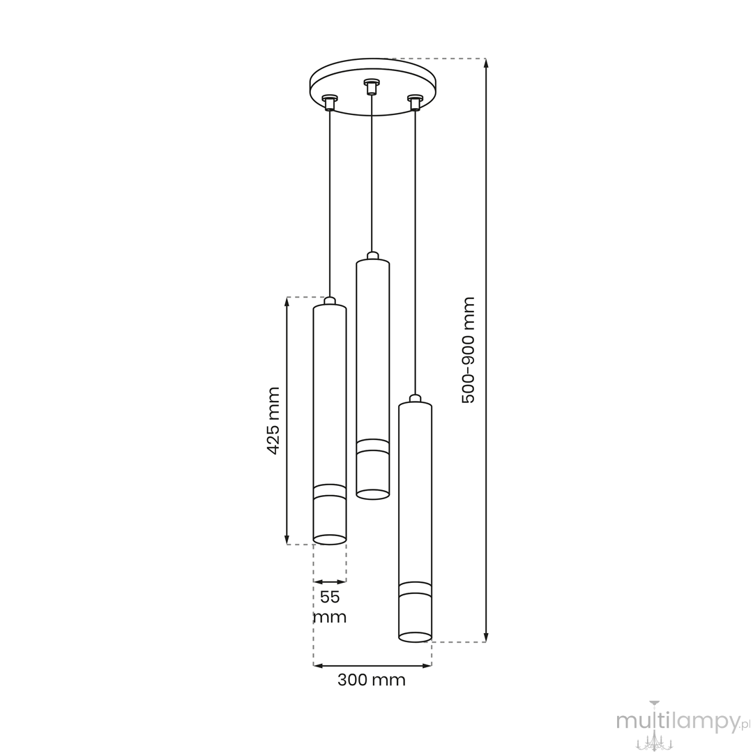 Czarna lampa wisząca Joker 3-punktowa z trzema cylindrycznymi kloszami o wysokości 425 mm, zawieszona na regulowanych linkach (500-900 mm). Średnica podsufitki wynosi 300 mm. Prosty, nowoczesny design idealny do różnych wnętrz.