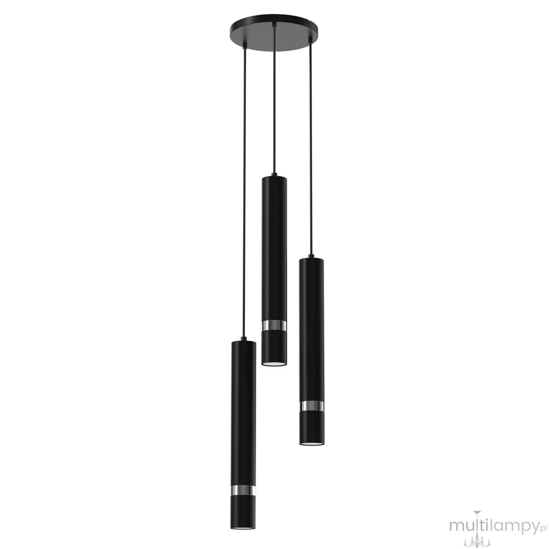 Trzy-punktowa lampa wisząca Joker w kolorze czarnym, składająca się z trzech cylindrycznych elementów o matowej powierzchni, zawieszonych na cienkich linkach. Każdy element ma metaliczne detale w dolnej części. Lampa montowana na okrągłej podsufitce.
