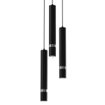 Lampa wisząca Joker 3-punktowa w kolorze czarnym, składająca się z trzech cylindrycznych kloszy z metalowymi detalami. Zawieszona na cienkich linkach, prezentuje nowoczesny design, idealna do aranżacji wnętrz.