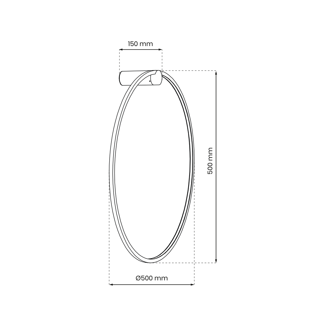 Kinkiet Saturno D50 w kolorze czarnym, z jedną diodą LED o mocy 25W, posiada średnicę 500 mm i wysokość 500 mm. Uchwyt montażowy ma szerokość 150 mm. Produkt charakteryzuje się nowoczesnym, okrągłym kształtem i stopniem ochrony IP44.