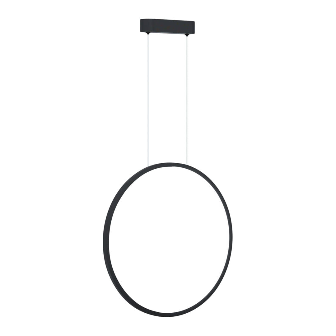 Lampa wisząca Saturno D50 w kolorze czarnym, o okrągłym kształcie, zawieszona na cienkich linkach. Posiada jedno źródło światła LED o mocy 25W, przeznaczona do użytku wewnętrznego z klasą ochrony IP44. Tło białe, co podkreśla minimalistyczny design.