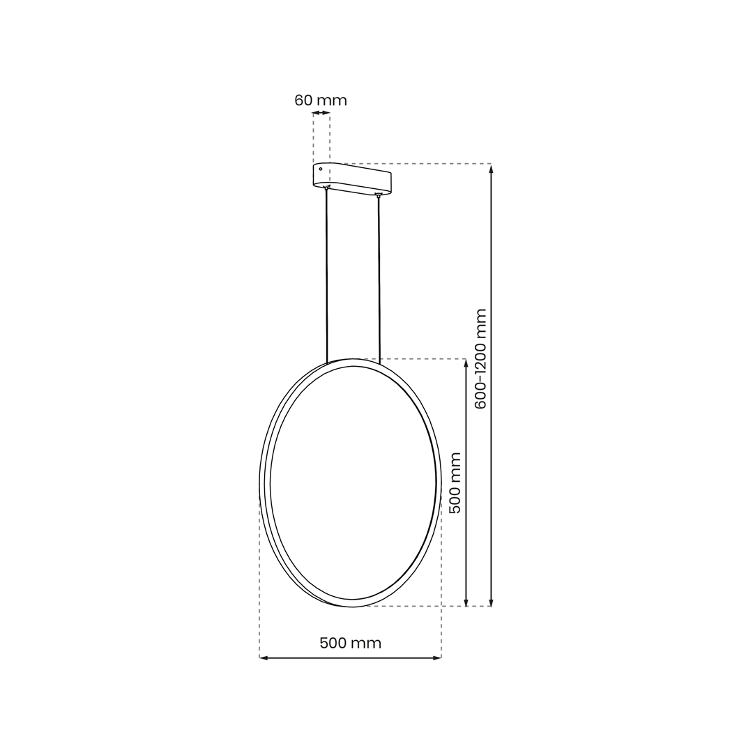 Lampa wisząca Saturno D50 w kolorze czarnym, średnica 500 mm, wysokość regulowana 600-1200 mm, z jednym źródłem LED 25W, klasa ochrony IP44. Prosty, okrągły kształt, zawieszona na cienkim przewodzie.