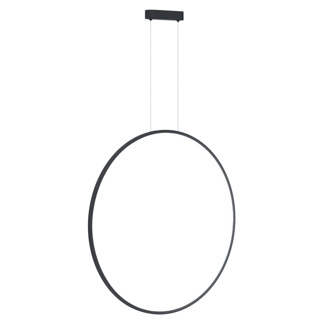 Lampa wisząca Saturno D80 w kolorze czarnym, z okrągłym, minimalistycznym kształtem. Zawieszona na cienkich linkach z metalowym mocowaniem. Źródło światła LED o mocy 46W, stopień ochrony IP44, idealna do nowoczesnych wnętrz.