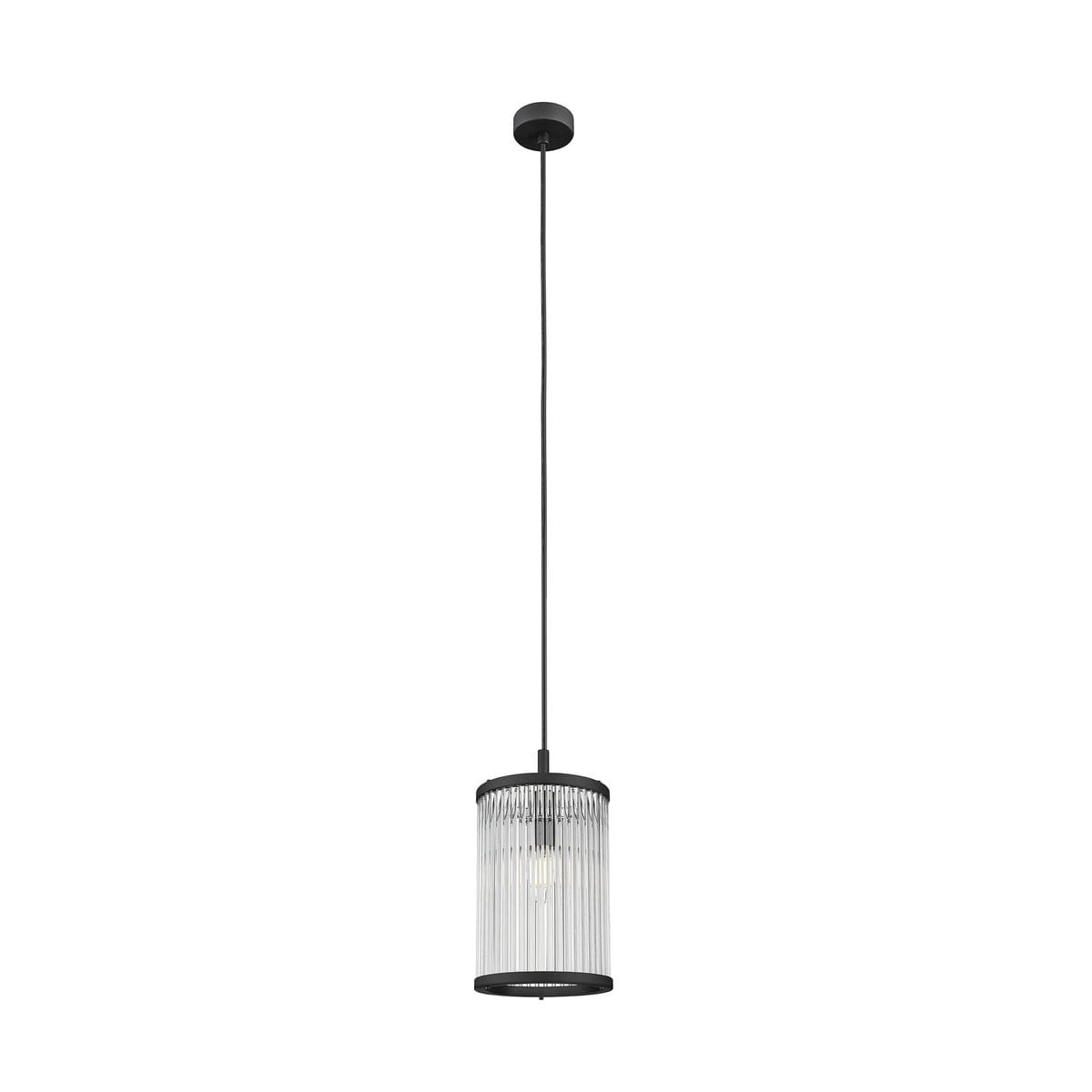 Lampa wisząca Sergio w kolorze czarnym, z jedną oprawą na żarówkę E14. Okrągły klosz z przezroczystymi żłobieniami, zwisająca na cienkim kablu. Montaż sufitowy, minimalistyczny design, idealna do nowoczesnych wnętrz.